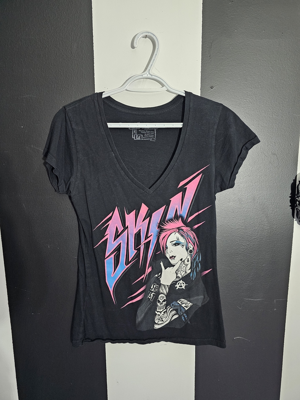 Skin Black Graphic V-Neck Tee with Pink and Blue Print